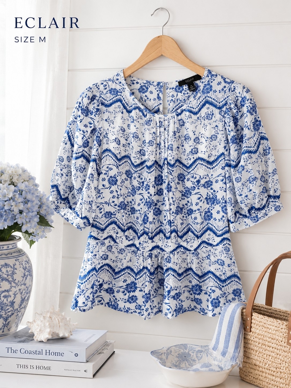 Eclair Blue & White Floral Peplum Blouse Puff Sleeve Rayon Top Size M